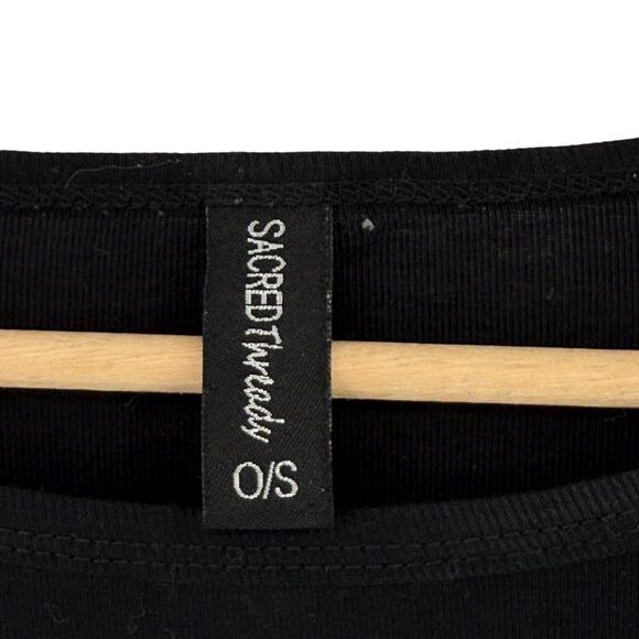 Sacred Threads Black Cotton Tunic Top Floral Butterfly Boho Artsy One Size - Picture 6 of 7